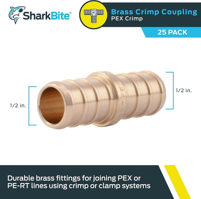 SharkBite 1/2 Inch Crimp Coupling, Pack of 25, Brass Plumbing Fitting, PEX Pipe, PE-RT, UC008LF - Image 2