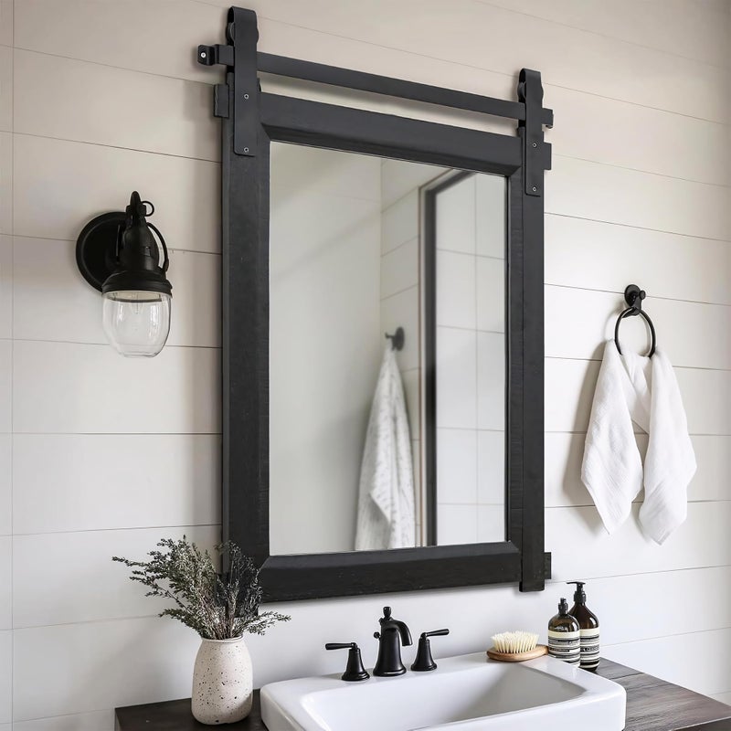 Besdomus Black Farmhouse Bathroom Mirror: 22"x30" Barn Door Rustic Solid Cedar Wood Frame Vanity Mirror - Home Decor for Entryway/Living Room/Bathroom Renovators - Modern Farmhouse for Homemakers - Image 1