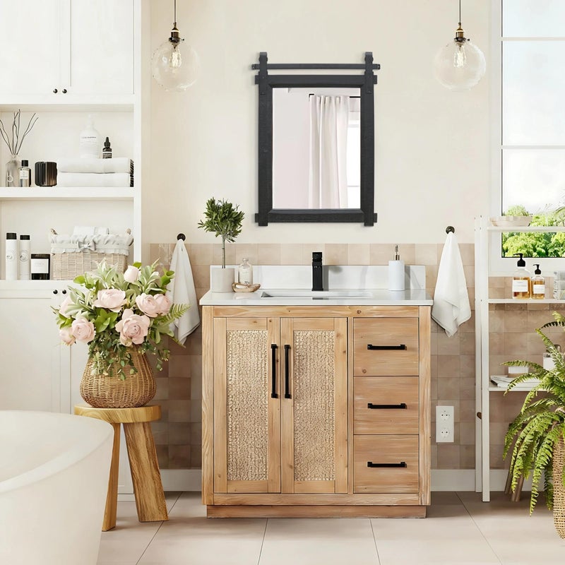 Besdomus Black Farmhouse Bathroom Mirror: 22"x30" Barn Door Rustic Solid Cedar Wood Frame Vanity Mirror - Home Decor for Entryway/Living Room/Bathroom Renovators - Modern Farmhouse for Homemakers - Image 4
