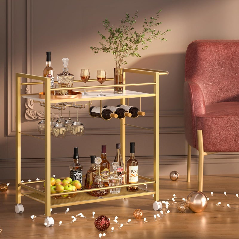 Joaxswe Bar Cart,Home Bar Serving Cart with Storage Shelves, 2 Tier Rolling Beverage Cart with Wheels, Modern Flowing Gold Wine Cart with Wine Rack and Glass Holder for Kitchen, Dinning Room,Living Room - Image 5
