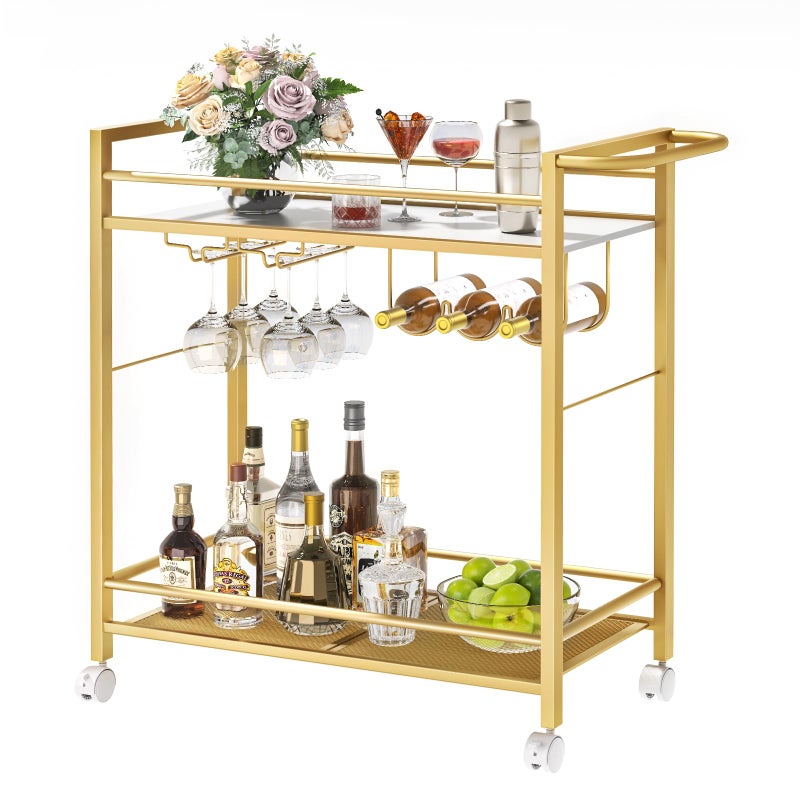 Joaxswe Bar Cart,Home Bar Serving Cart with Storage Shelves, 2 Tier Rolling Beverage Cart with Wheels, Modern Flowing Gold Wine Cart with Wine Rack and Glass Holder for Kitchen, Dinning Room,Living Room - Image 1