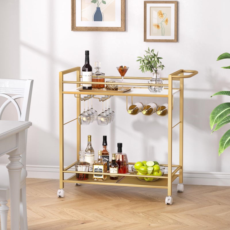 Joaxswe Bar Cart,Home Bar Serving Cart with Storage Shelves, 2 Tier Rolling Beverage Cart with Wheels, Modern Flowing Gold Wine Cart with Wine Rack and Glass Holder for Kitchen, Dinning Room,Living Room - Image 4