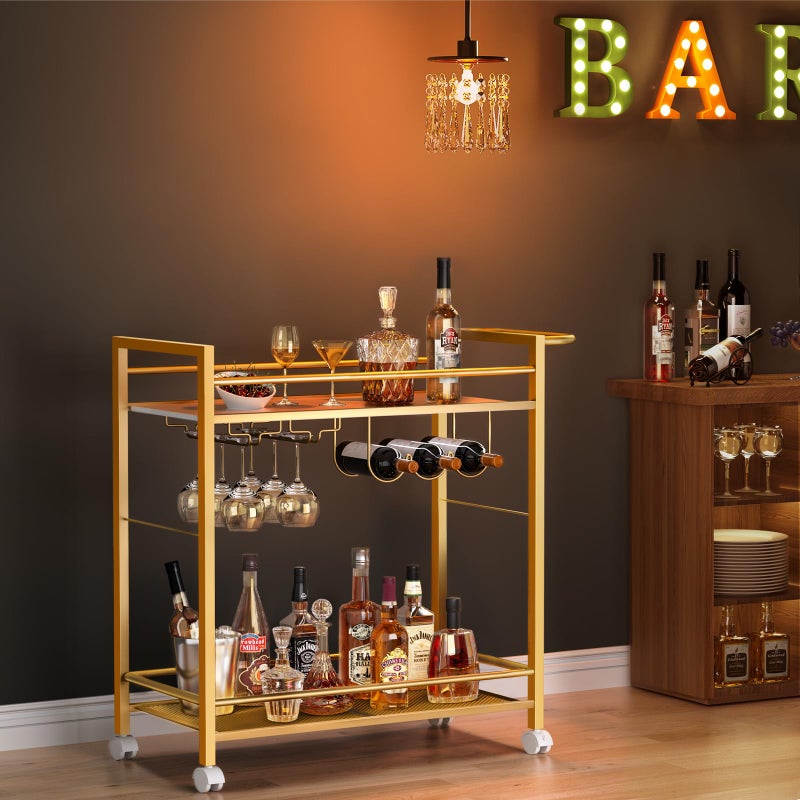 Joaxswe Bar Cart,Home Bar Serving Cart with Storage Shelves, 2 Tier Rolling Beverage Cart with Wheels, Modern Flowing Gold Wine Cart with Wine Rack and Glass Holder for Kitchen, Dinning Room,Living Room - Image 3