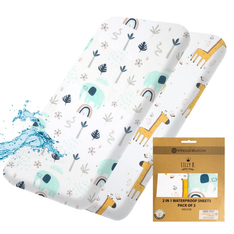 Marna Lilly B. Organic Cotton GOTS 2in1 Pack of 2 Waterproof Fitted Sheets, Used Instead of Waterproof Mattress Protector Compatible with, Next2me, and All Bedside Cribs, Bassinets up to 90x55cm (Jungle) - Image 1