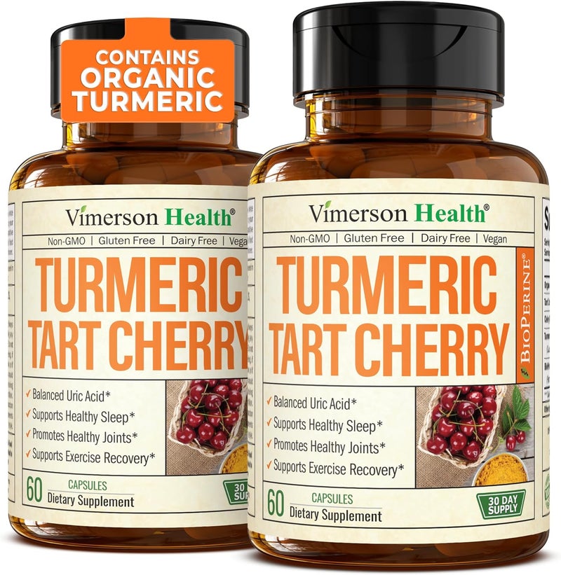 Vimerson Health Turmeric Supplement with 101 Tart Cherry Extract Turmeric Curcumin with Black Pepper  Organic Tumeric 600mg Tart Cherry Capsules Aids Uric Acid Balance Joint Muscle Sleep Support 2 Pack - Image 1
