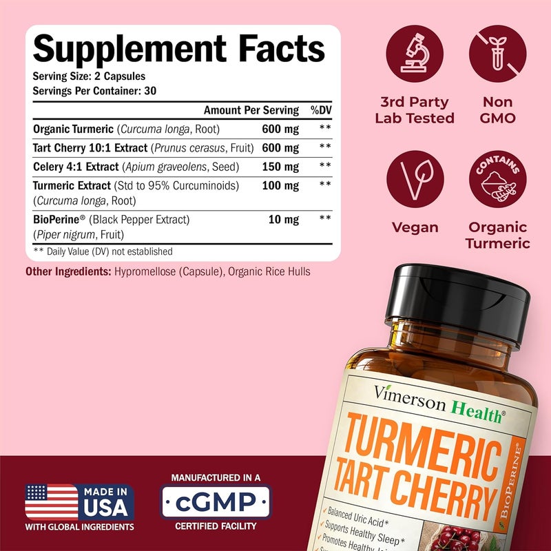 Vimerson Health Turmeric Supplement with 101 Tart Cherry Extract Turmeric Curcumin with Black Pepper  Organic Tumeric 600mg Tart Cherry Capsules Aids Uric Acid Balance Joint Muscle Sleep Support 2 Pack - Image 3