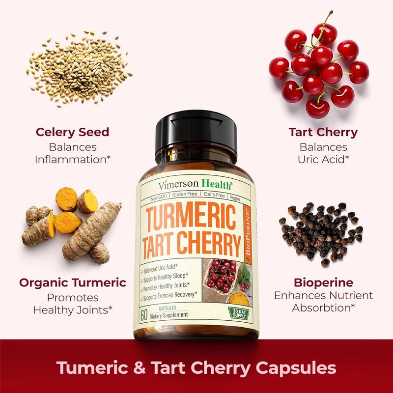 Vimerson Health Turmeric Supplement with 101 Tart Cherry Extract Turmeric Curcumin with Black Pepper  Organic Tumeric 600mg Tart Cherry Capsules Aids Uric Acid Balance Joint Muscle Sleep Support 2 Pack - Image 5