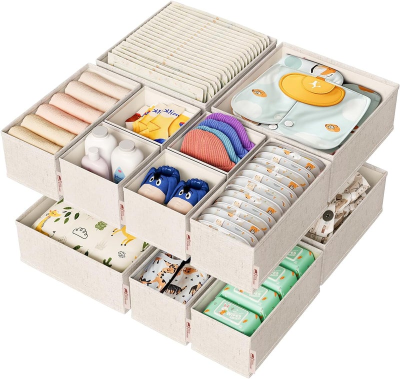 ZenStorage 12 Pack Drawer Organizer for Baby Clothes, Linen Fabric Nursery Drawer Organizer with Zipper, Beige - Image 1