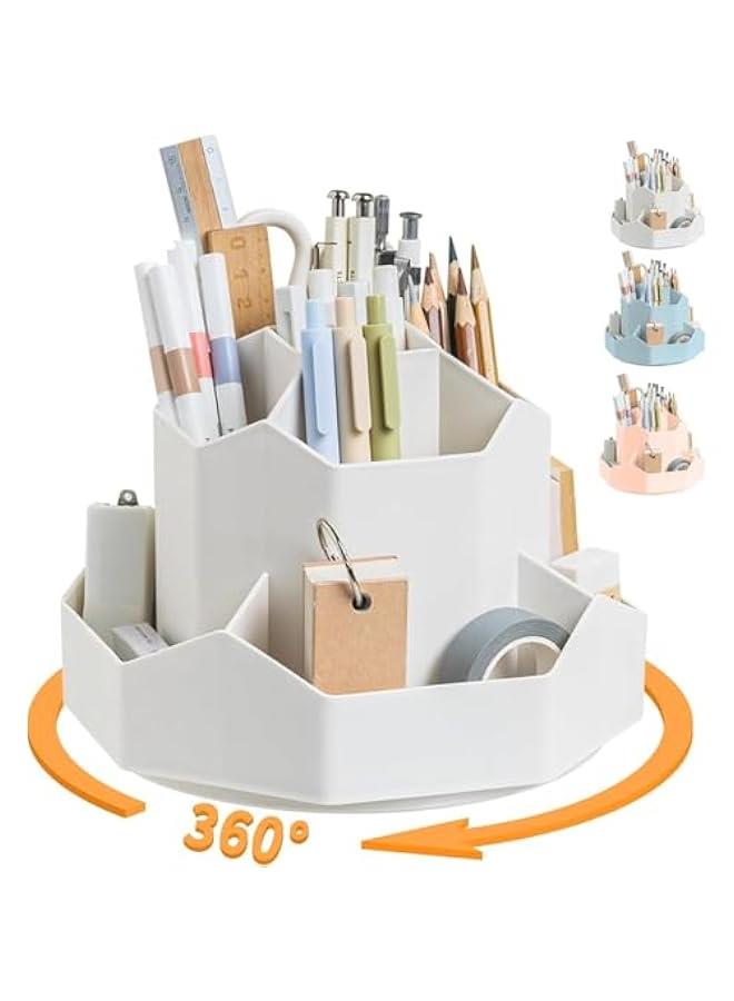 HOOKOR 9 Slots 360 Degree Rotating Desk Organizer and Accessories, Pencil Pen Holder for Desk, Desktop Storage Stationery Supplies Organizer, Art Supply Storage Box Caddy for Office, Home (White) - Image 1