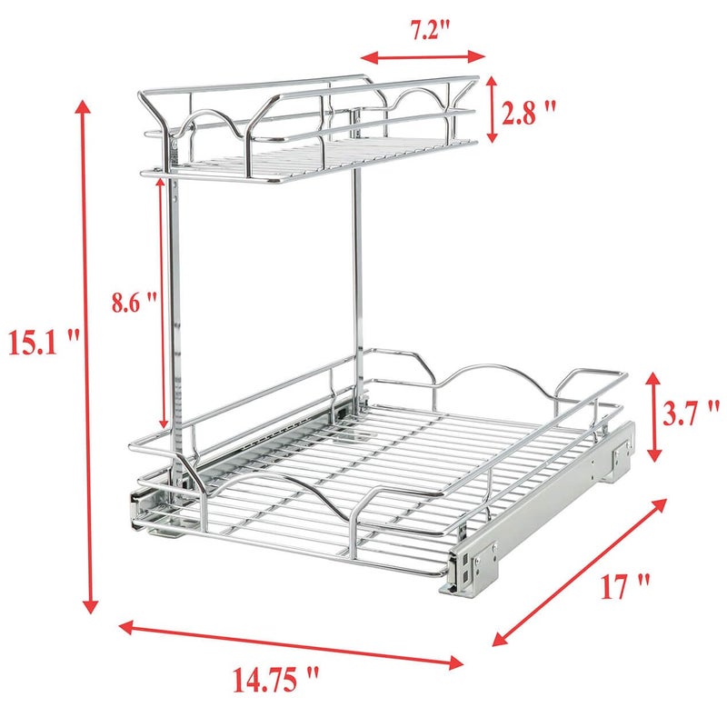 OCG Under Sink Cabinet Organizer Two Tier Pull Out Shelf (14.75W x 17D), Under Sink Sliding Shelf for Kitchen Bathroom Cabinet 2 Tier Chrome - Image 2
