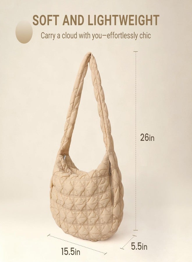 Aveniee Puffer Tote Bag for Women, Large Quilted Carryall Bag Soft Puffy Crossbody Bag Hobo Handbags Puff Purse-Kakhi - Image 5