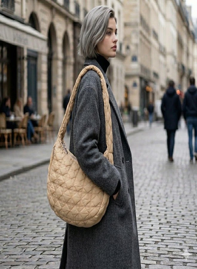 Aveniee Puffer Tote Bag for Women, Large Quilted Carryall Bag Soft Puffy Crossbody Bag Hobo Handbags Puff Purse-Kakhi - Image 2