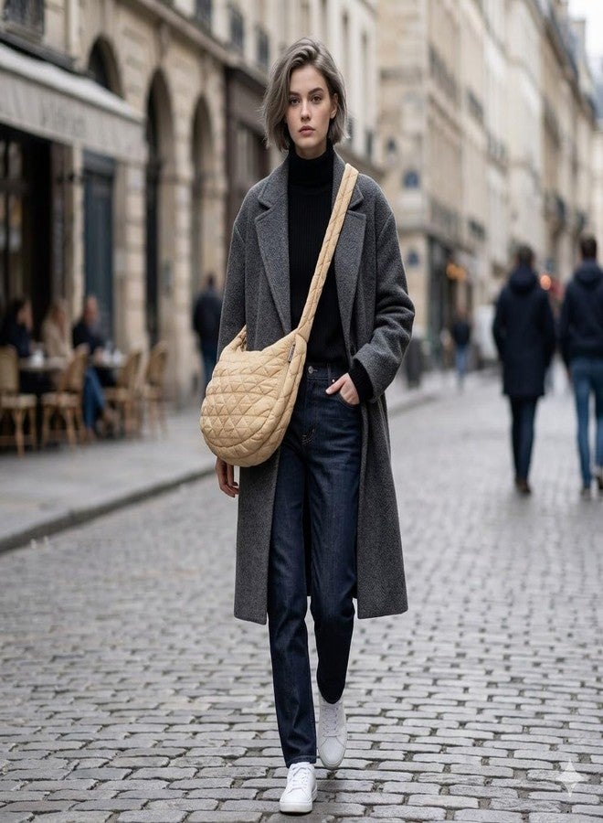 Aveniee Puffer Tote Bag for Women, Large Quilted Carryall Bag Soft Puffy Crossbody Bag Hobo Handbags Puff Purse-Kakhi - Image 3