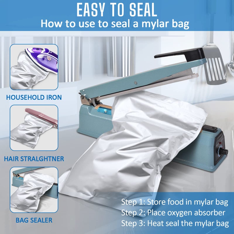 Sukerle 100 Pack Mylar Bags for Food Storage with 100x300cc Oxygen Absorbers - 9 Mil 10"x14", 9Mil 6"x9", 9Mil 4.3"x6.3" - Resealable Bags for Packaging Products & Ziplock Food Grade Bag for Storage - Image 4