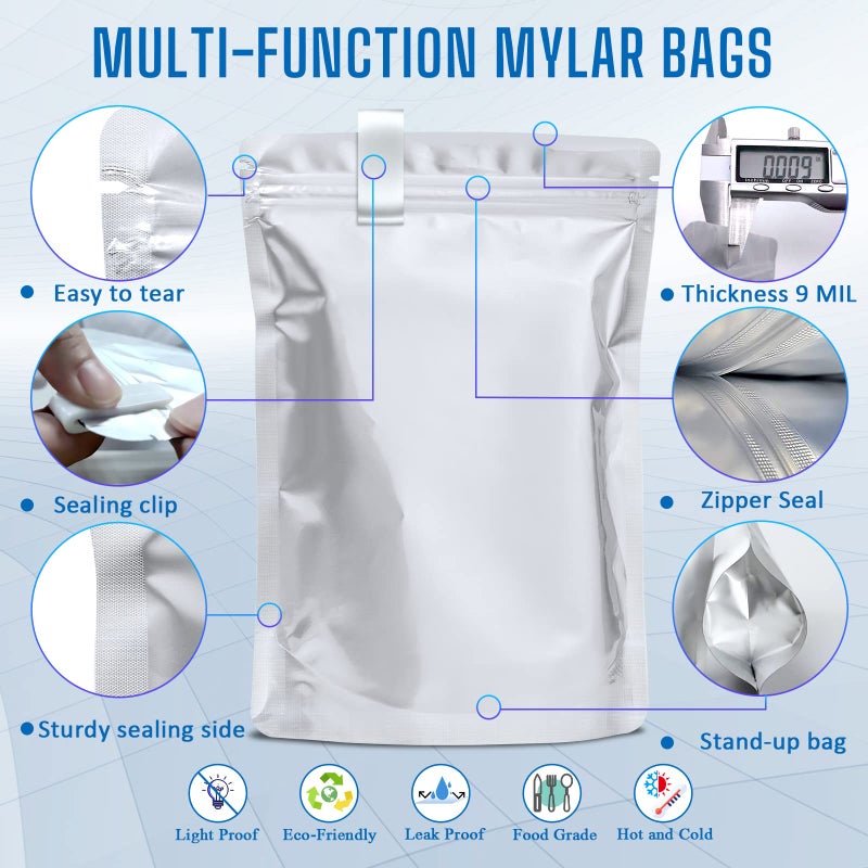 Sukerle 100 Pack Mylar Bags for Food Storage with 100x300cc Oxygen Absorbers - 9 Mil 10"x14", 9Mil 6"x9", 9Mil 4.3"x6.3" - Resealable Bags for Packaging Products & Ziplock Food Grade Bag for Storage - Image 3