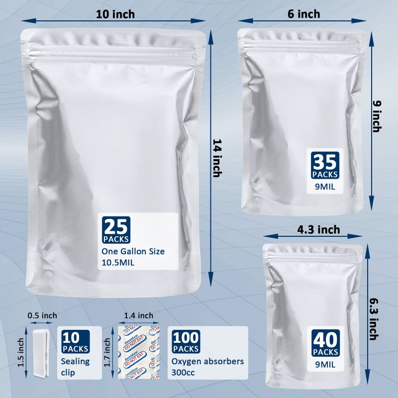 Sukerle 100 Pack Mylar Bags for Food Storage with 100x300cc Oxygen Absorbers - 9 Mil 10"x14", 9Mil 6"x9", 9Mil 4.3"x6.3" - Resealable Bags for Packaging Products & Ziplock Food Grade Bag for Storage - Image 2