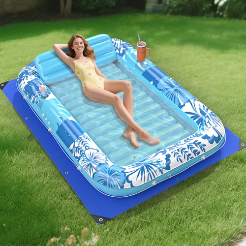 POOLACC Inflatable Tanning Pool Lounger Float with Protection Tarp 85 x 57 Pool Floats Adult with Pillow 6 in 1 Suntan Tub Raft Floatie Sunbathing Water Bed Lounge Blow Up Kids Ball Pit Party GiftsBlue - Image 1