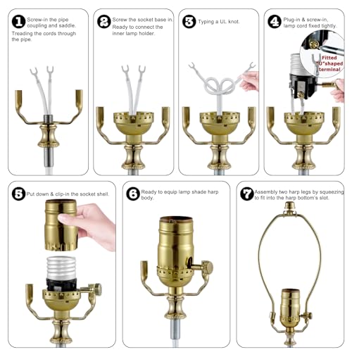 EMNOOTI Lamp Making Kit,Make a Lamp or Repair Kit,3-Way Lamp Socket with Matching Cord Lamp Harp Set,Lamp Wiring Kit for Table Floor Lamp,Essential Hardware for DIY Lamp Design or Repair (Gold, 1) - Image 3