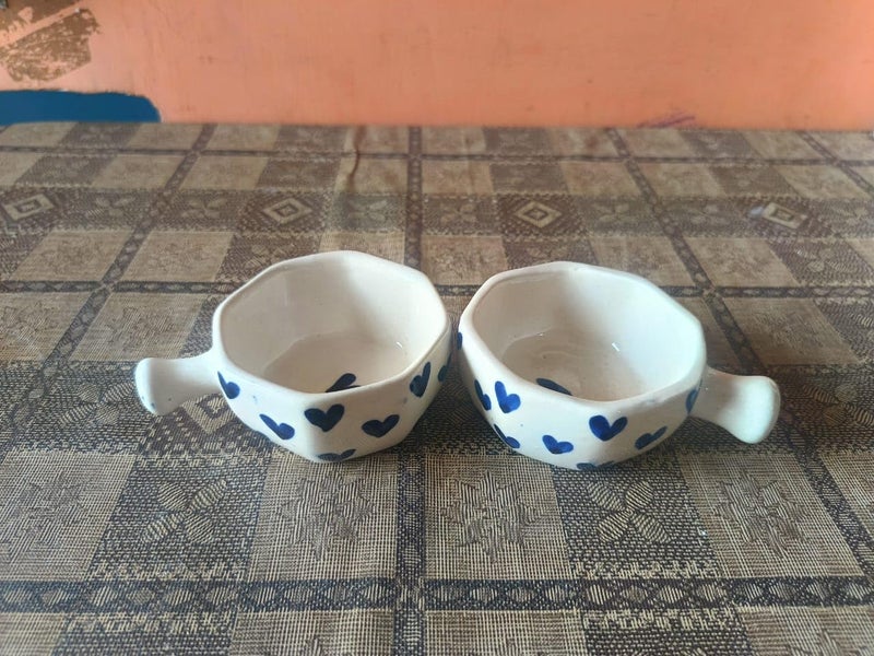 MALAIKAH Ceramic Blue Heart Handpainted Hexagone Shape Chutney Bowls for Serving Dip Bowls (80 ML, Dishwasher Safe) Ketchup Bowl | Sauce Bowl | Chutney Bowl |for Kitchen Dining Table Bowl Set of 2 - Image 1