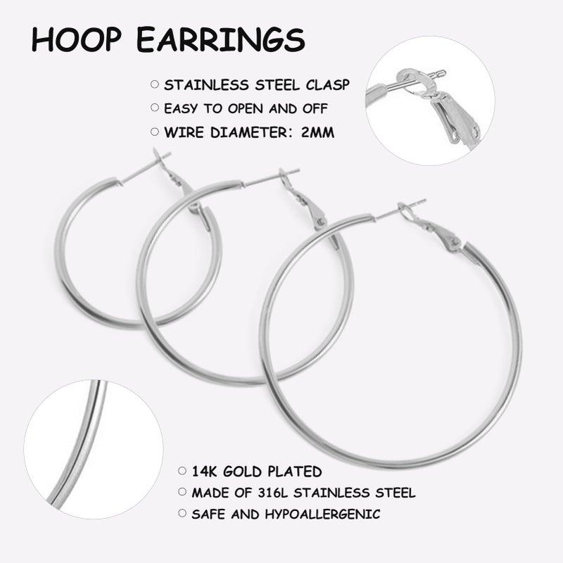 YINCUO 6 Pairs Stainless Steel Silver 14K Gold Plated Hoop 30/40/50 mm Earrings for Women Hypoallergenic Big Thin Lightweight Dangle Set - Image 4