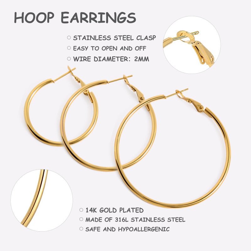 YINCUO 6 Pairs Stainless Steel Silver 14K Gold Plated Hoop 30/40/50 mm Earrings for Women Hypoallergenic Big Thin Lightweight Dangle Set - Image 3