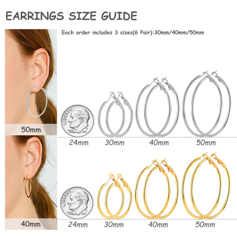 YINCUO 6 Pairs Stainless Steel Silver 14K Gold Plated Hoop 30/40/50 mm Earrings for Women Hypoallergenic Big Thin Lightweight Dangle Set - Image 2