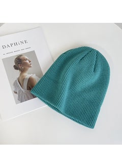 Generic White knitted hat for women autumn and winter Korean style fashionable all-matching solid color big head circumference wool pullover hat confinement delivery Lake Blue 