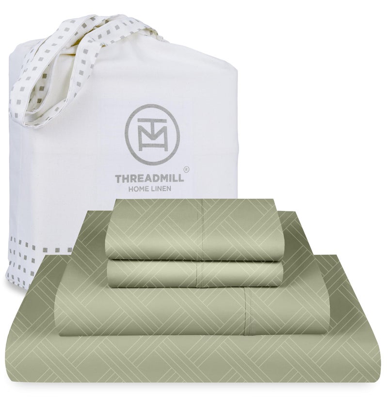 Threadmill ملاءات مقاس كينج من Threadmill لمرتبة كينج | عدد الخيوط 800 جاكار سيلين سيج جرين | أفضل من القطن المصري | 4 قطع ملاءة سرير | ملاءات دمشقية تناسب الجيب العميق مقاس 16 بوصة | ملاءات قطنية 100% - Image 1