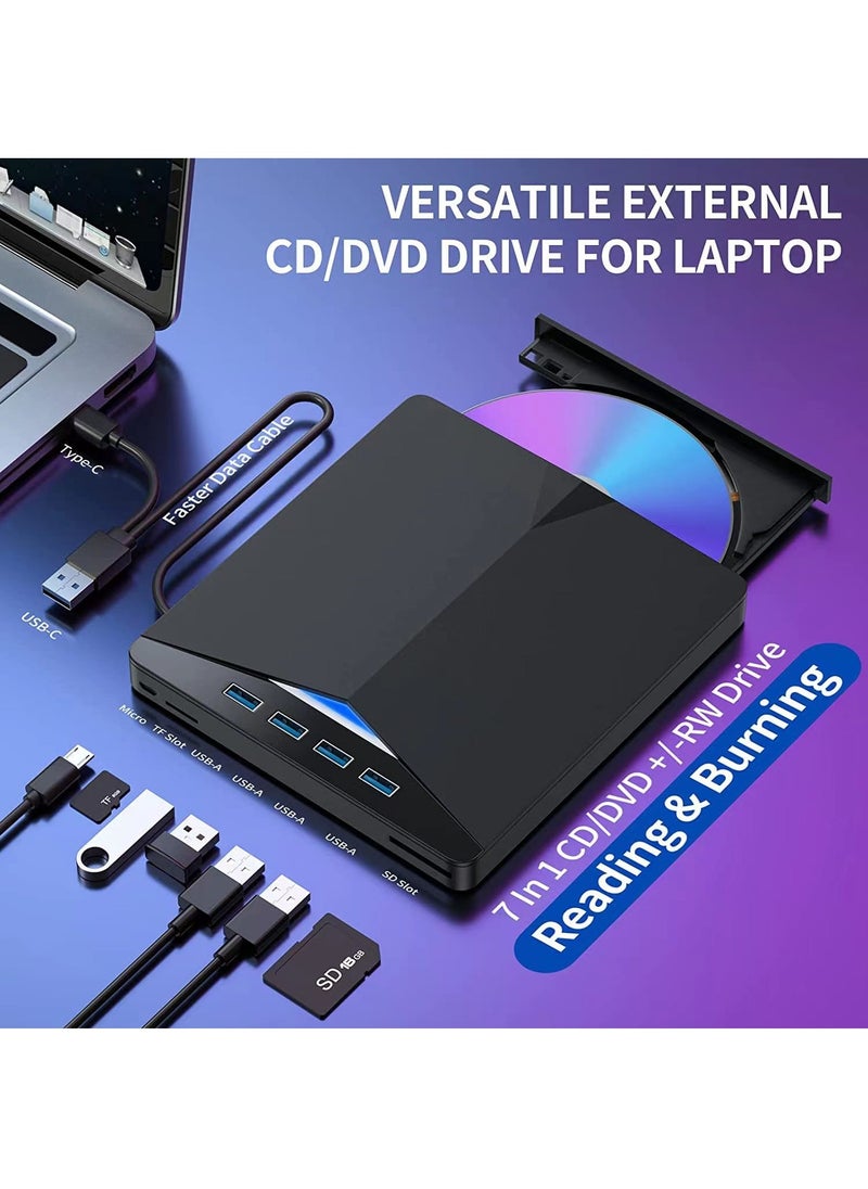 Generic - External CD/DVD Drive for Laptop, 7 in 1 USB 3.0 DVD Player Portable CD/DVD Burner, CD ROM External DVD Drive for Laptop Compatible with Laptop Desktop PC Windows 11/10/8/7 Linux Mac OS - Image 1