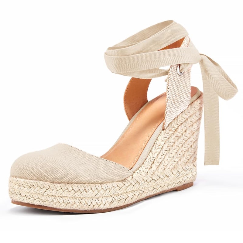 Ermonn Womens Espadrilles Wedge Sandals Platform Closed Toe Ankle Strap Lace Up Slingback Summer Shoes Nude - Image 1