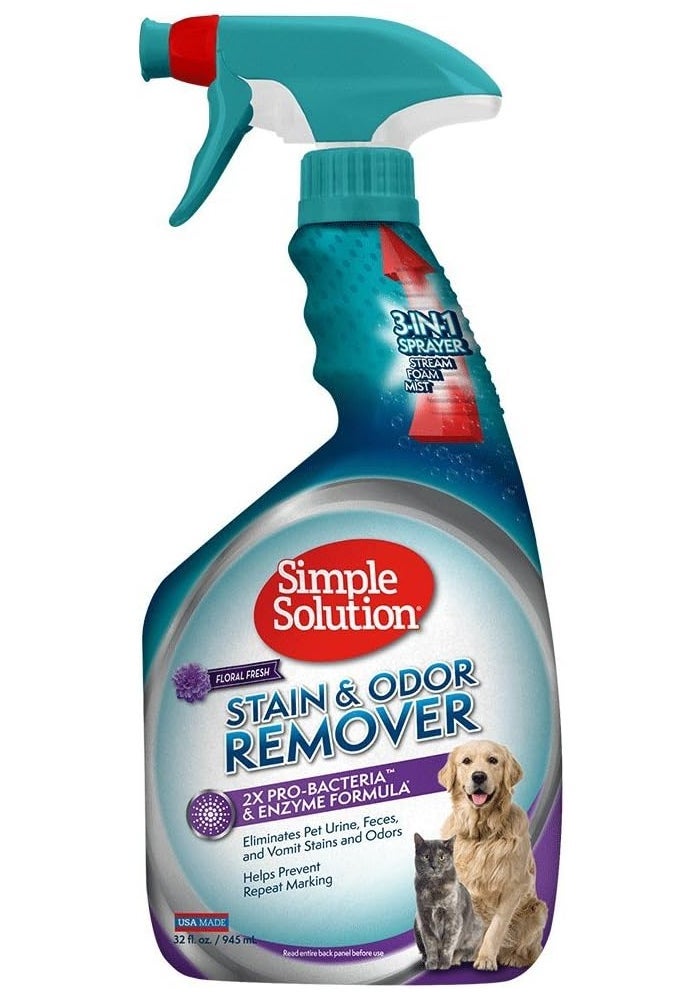 Simple Solution Stain And Odor Remover 2X Pro Bacteria And Enzyme Formula, Floral Fresh 32Oz, Blue, 32 Oz Spray - Image 1