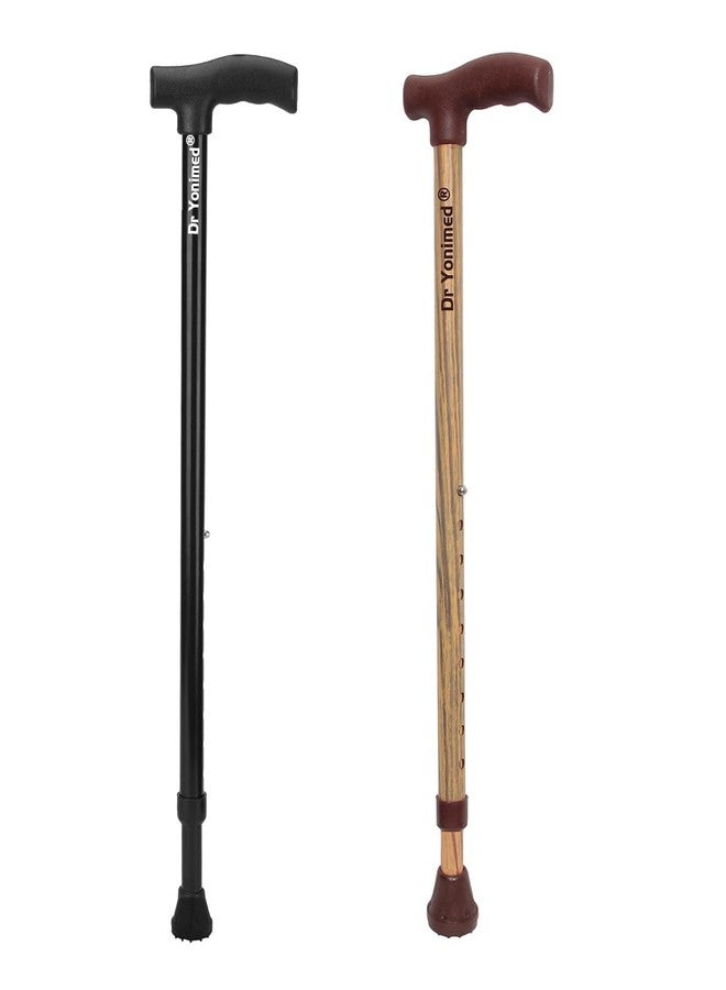Dr Yonimed Walking Stick Premium Height Adjustable Single Leg L-Shaped (for Men/Women/Old People/Handicap Person) Made of Alloy Steel (Light Weight) (Black-Brown [Wooden Finish]) - Image 1