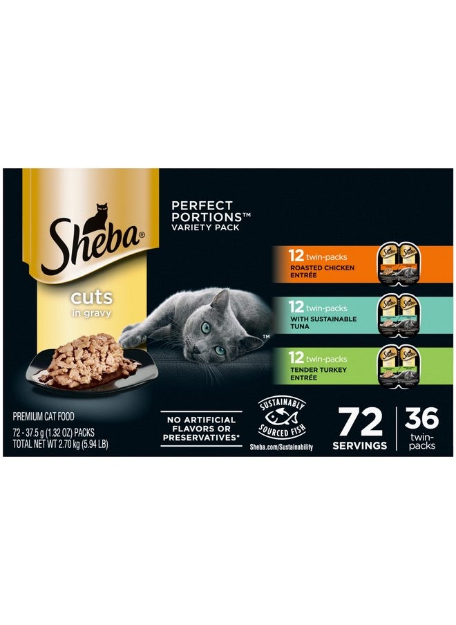 Sheba Perfect Portions Cuts In Gravy Wet Cat Food Trays (36 Count, 72 Servings), Roasted Chicken, Signature Tuna And Tender Turkey Entrée, Easy Peel TwinPack Trays  - Image 1