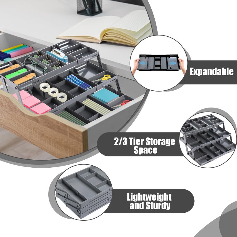 Ysglory 3-Tier Collapsible Desk Drawer Organizer, Multi-Level Expandable Storage Tray for Makeup, Jewelry, Office Supplies, Kitchen Gadgets (Grey, 1 Row with 3-Tier) - Image 3