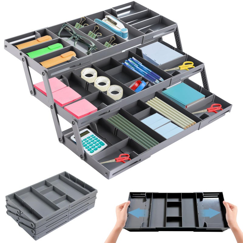 Ysglory 3-Tier Collapsible Desk Drawer Organizer, Multi-Level Expandable Storage Tray for Makeup, Jewelry, Office Supplies, Kitchen Gadgets (Grey, 1 Row with 3-Tier) - Image 1