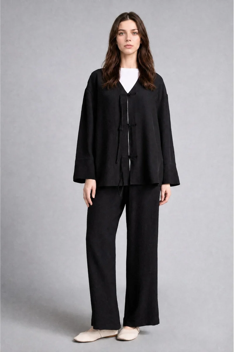 ديفاكتو Wide Leg Crinkle Fabric Trousers