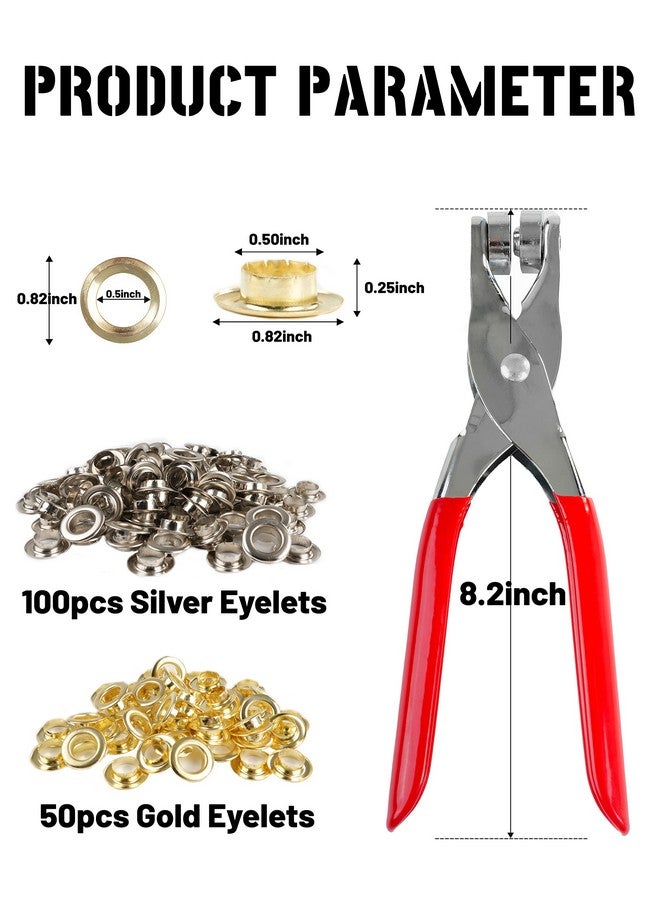 MoHern 150Pcs 1/2 Inch Grommet Tool Kit, Grommet Kit, Eyelet Kit with Leather Hole Punch Pliers, 150 Metal Eyelets and Grommets in Gold and Silver for Leather, Shoes, Fabric, Belt  - Image 1