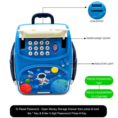 VikriDA Mini Atm Modern Piggy Bank, Money Saving Bank For Real Money Cash Coin|School Bag Musical Money Safe Kids Piggy Savings Bank With Finger Print Sensor-Blue - Image 3