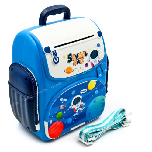 VikriDA Mini Atm Modern Piggy Bank, Money Saving Bank For Real Money Cash Coin|School Bag Musical Money Safe Kids Piggy Savings Bank With Finger Print Sensor-Blue - Image 1