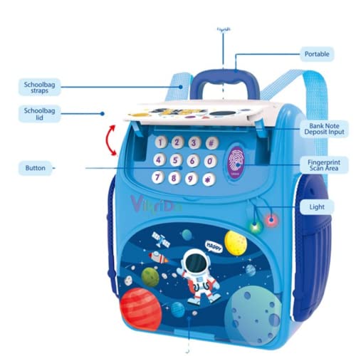 VikriDA Mini Atm Modern Piggy Bank, Money Saving Bank For Real Money Cash Coin|School Bag Musical Money Safe Kids Piggy Savings Bank With Finger Print Sensor-Blue - Image 5