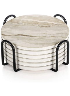 URbazaar 6 Pcs Drink Coasters with Holder, Absorbent Coaster Sets, Marble Style Ceramic Drink Coaster for Tabletop Protection,Suitable for Kinds of Cups, Wooden Table, Cool Home Decor  - Image 1