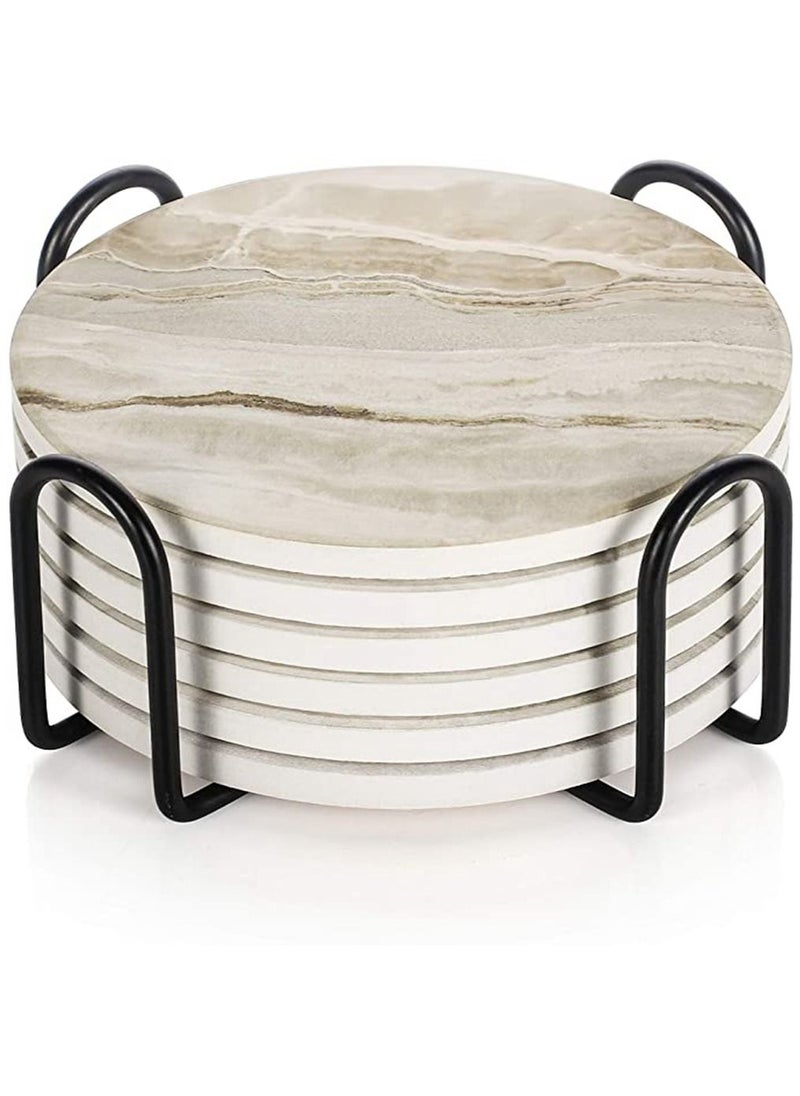 URbazaar 6 Pcs Drink Coasters with Holder, Absorbent Coaster Sets, Marble Style Ceramic Drink Coaster for Tabletop Protection,Suitable for Kinds of Cups, Wooden Table, Cool Home Decor  - Image 1