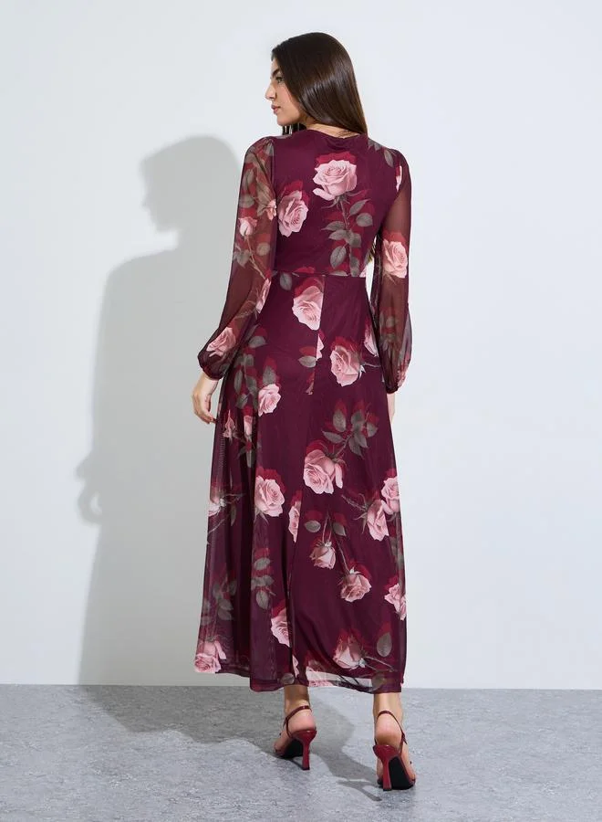 Styli burgundy Maroon Floral V Neck Wrap Maxi Dress for Women | Best Price UAE