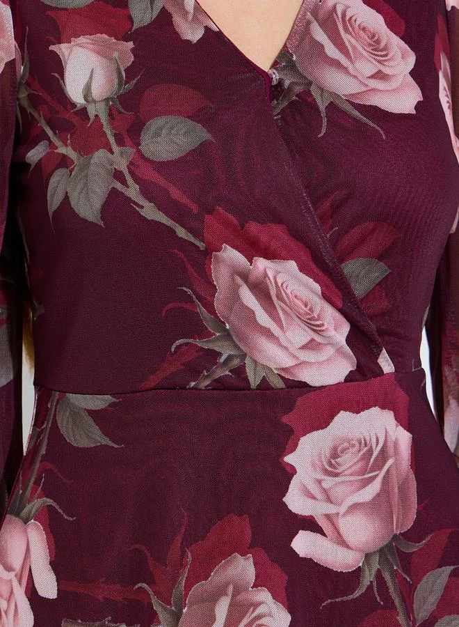 Styli burgundy Maroon Floral V Neck Wrap Maxi Dress for Women | Best Price UAE