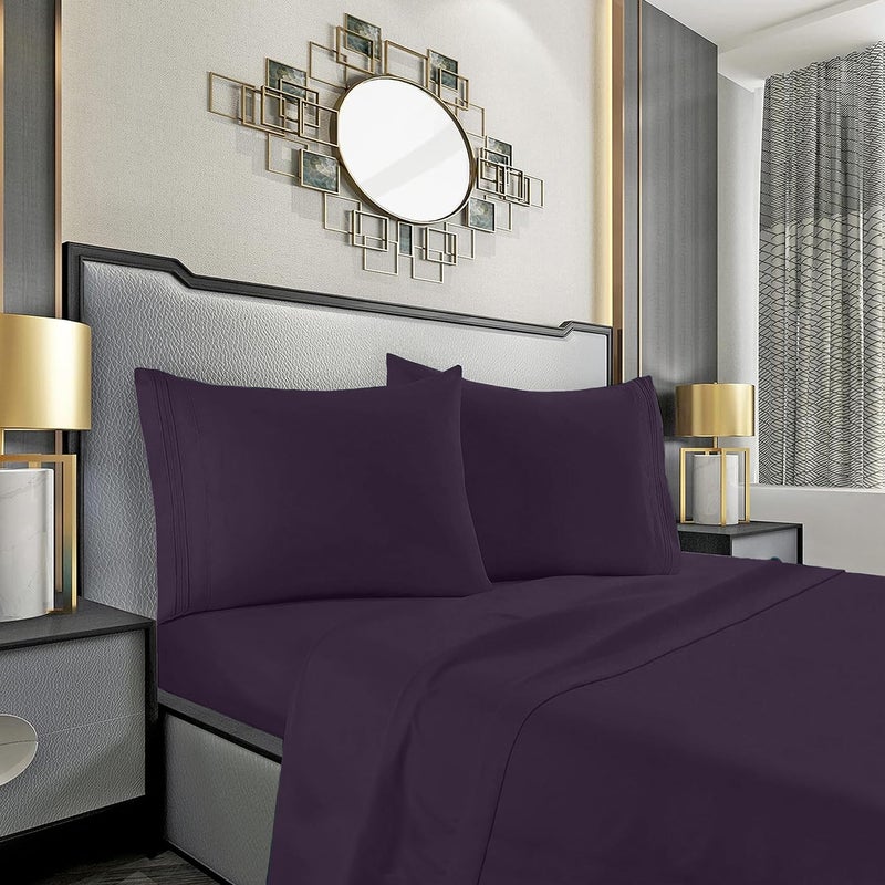 Mocassi Queen Sheet Set  Luxury Hotel 1800 Premier Bedding Sheets  Pillowcases  Ultra Soft Breathable  Cooling Bed Sheets  Deep Pocket  Wrinkle Resistant  4 Piece Set  Queen Purple