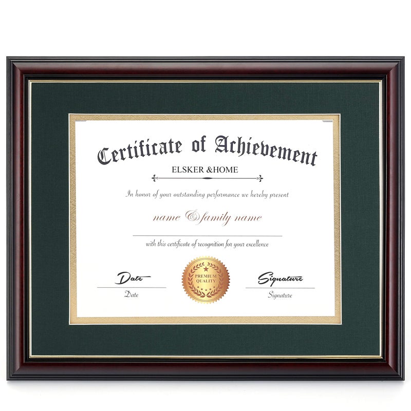 ELSKER&HOME ELSKERHOME 85x11 Diploma Frame with Green Mat  Solid Wood Color Frame  Made for Certificates Sized 85x11 Inch with Mat and 11x14 Inch Without Mat Double Mat Green with Golden Rim