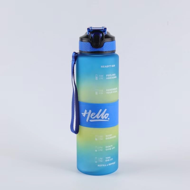 JUGTE plastic Water Bottles 1 Litre Sipper Bottle For Adults Motivational Water Bottle Sipper With Straw & Time For Gym Office School Home Water Bottle For Kids (Blue Green) - Image 1