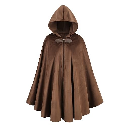 TOONRAIN Men's Adult Medieval Cloak Hoodie Velvet Renaissance Cape Halloween Dress Up (Round Buckle Brown,31.45'') - Image 2