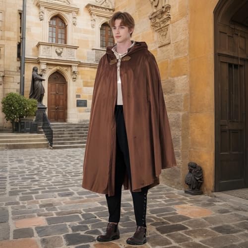 TOONRAIN Men's Adult Medieval Cloak Hoodie Velvet Renaissance Cape Halloween Dress Up (Round Buckle Brown,31.45'') - Image 5