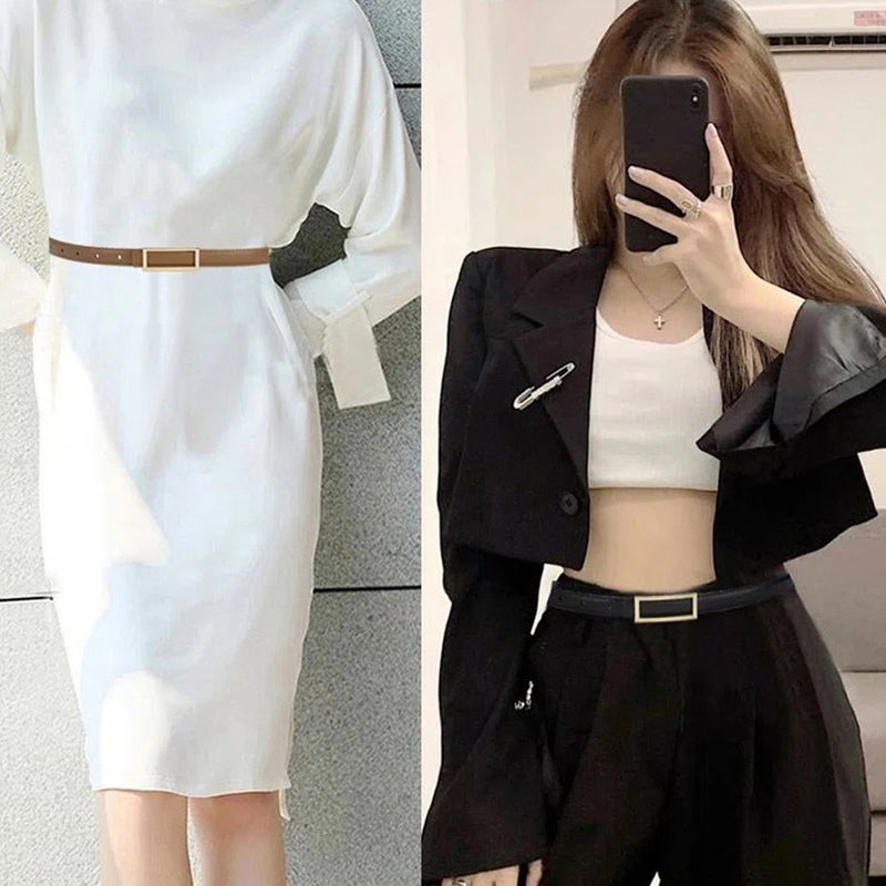 2pcs Thin PU Leather Belt for Women Minimalist Belt Girls Belt Belt with Metal Buckle - Image 1